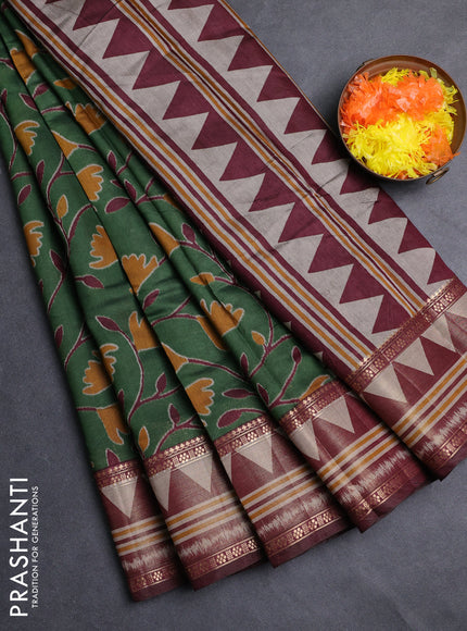 Semi maheshwari cotton saree green and maroon with allover ikat prints and zari woven border