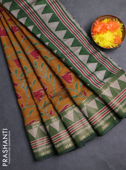 Semi maheshwari cotton saree mustard yellow and green with allover ikat prints and zari woven border