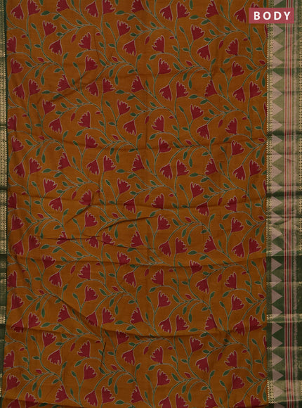 Semi maheshwari cotton saree mustard yellow and green with allover ikat prints and zari woven border
