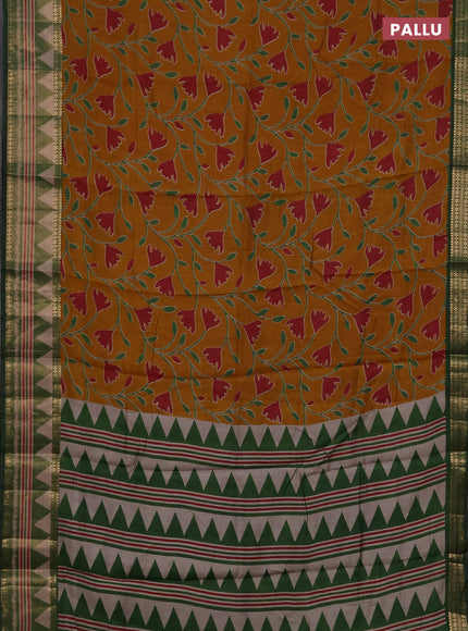 Semi maheshwari cotton saree mustard yellow and green with allover ikat prints and zari woven border