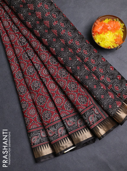 Semi maheshwari cotton saree maroon and black with allover ajrakh prints and zari woven border