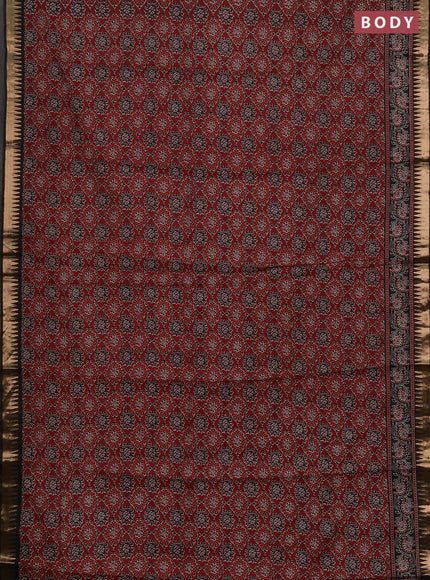 Semi maheshwari cotton saree maroon and black with allover ajrakh prints and zari woven border