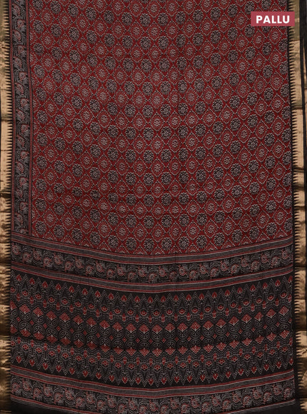 Semi maheshwari cotton saree maroon and black with allover ajrakh prints and zari woven border