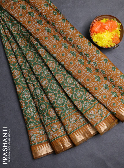 Semi maheshwari cotton saree green and mustard yellow with allover ajrakh prints and zari woven border