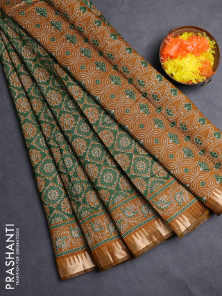 Semi maheshwari cotton saree green and mustard yellow with allover ajrakh prints and zari woven border