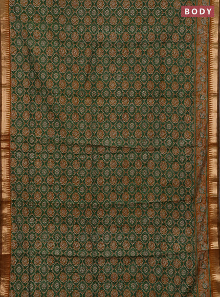Semi maheshwari cotton saree green and mustard yellow with allover ajrakh prints and zari woven border
