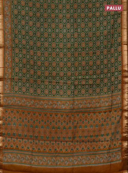 Semi maheshwari cotton saree green and mustard yellow with allover ajrakh prints and zari woven border