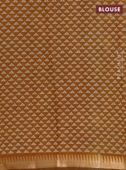 Semi maheshwari cotton saree green and mustard yellow with allover ajrakh prints and zari woven border