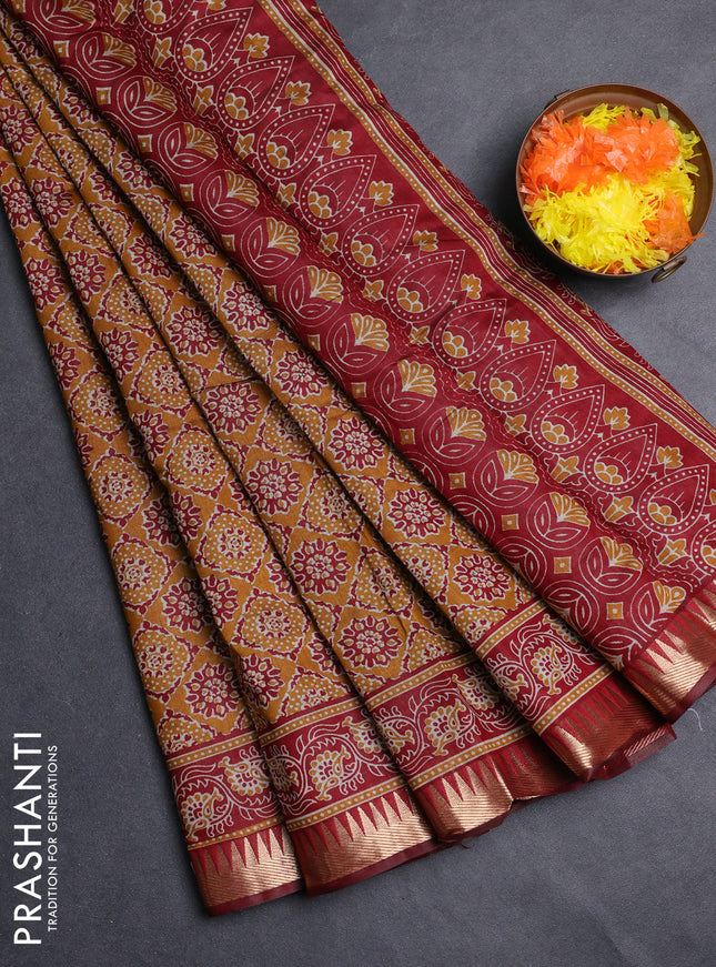 Semi maheshwari cotton saree mustard yellow and maroon with allover ajrakh prints and zari woven border