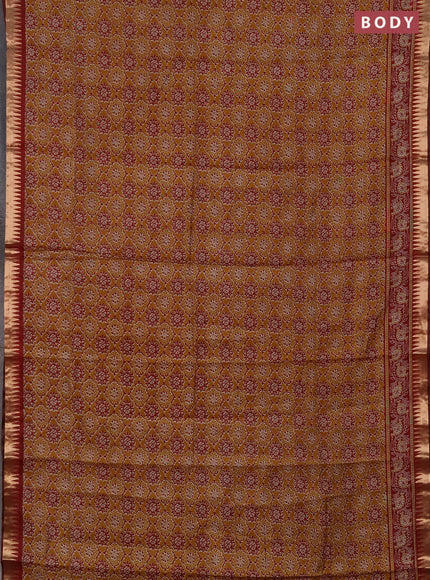 Semi maheshwari cotton saree mustard yellow and maroon with allover ajrakh prints and zari woven border