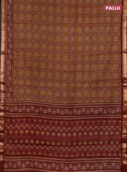 Semi maheshwari cotton saree mustard yellow and maroon with allover ajrakh prints and zari woven border