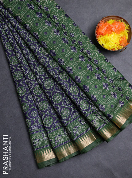 Semi maheshwari cotton saree navy blue and green with allover ajrakh prints and zari woven border