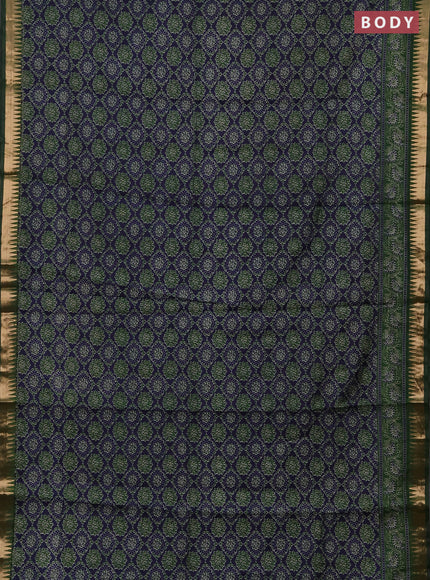 Semi maheshwari cotton saree navy blue and green with allover ajrakh prints and zari woven border
