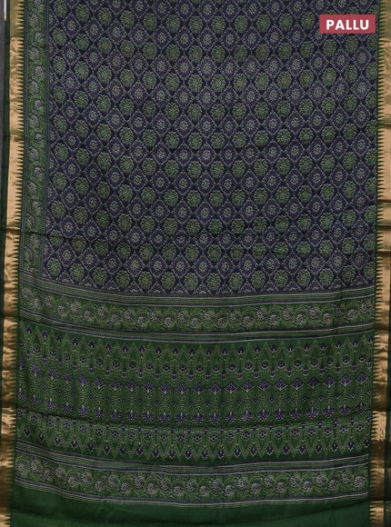 Semi maheshwari cotton saree navy blue and green with allover ajrakh prints and zari woven border