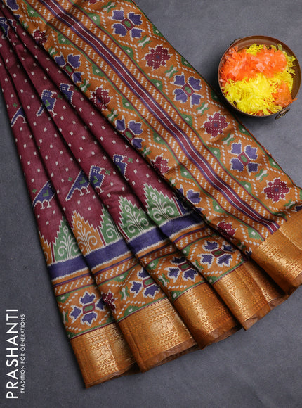 Semi maheshwari cotton saree wine shade and mustard yellow with allover patola prints and zari woven border