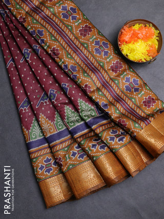 Semi maheshwari cotton saree wine shade and mustard yellow with allover patola prints and zari woven border