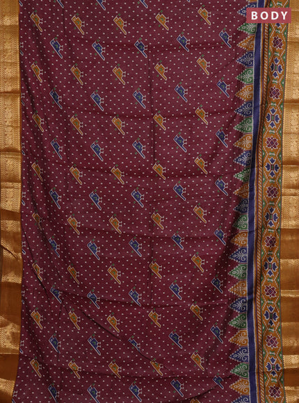Semi maheshwari cotton saree wine shade and mustard yellow with allover patola prints and zari woven border