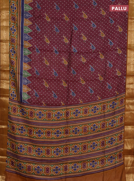 Semi maheshwari cotton saree wine shade and mustard yellow with allover patola prints and zari woven border