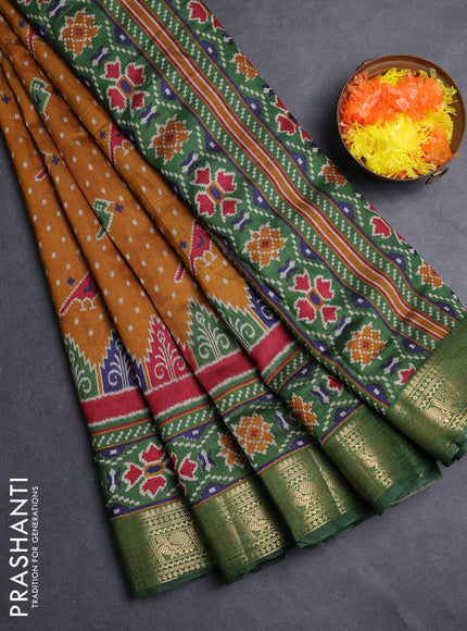 Semi maheshwari cotton saree mustard yellow and green with allover patola prints and zari woven border