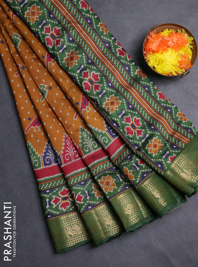 Semi maheshwari cotton saree mustard yellow and green with allover patola prints and zari woven border