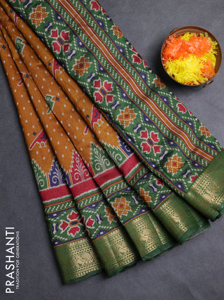 Semi maheshwari cotton saree mustard yellow and green with allover patola prints and zari woven border
