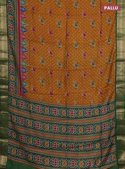Semi maheshwari cotton saree mustard yellow and green with allover patola prints and zari woven border