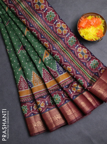 Semi maheshwari cotton saree green and maroon with allover patola prints and zari woven border