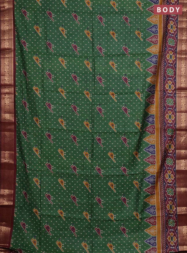 Semi maheshwari cotton saree green and maroon with allover patola prints and zari woven border
