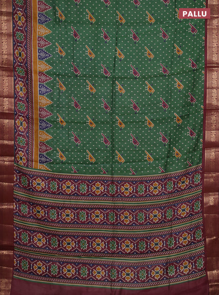 Semi maheshwari cotton saree green and maroon with allover patola prints and zari woven border