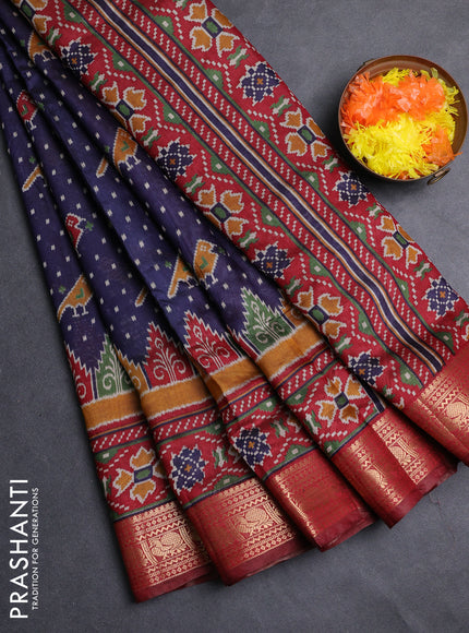 Semi maheshwari cotton saree navy blue and maroon with allover patola prints and zari woven border