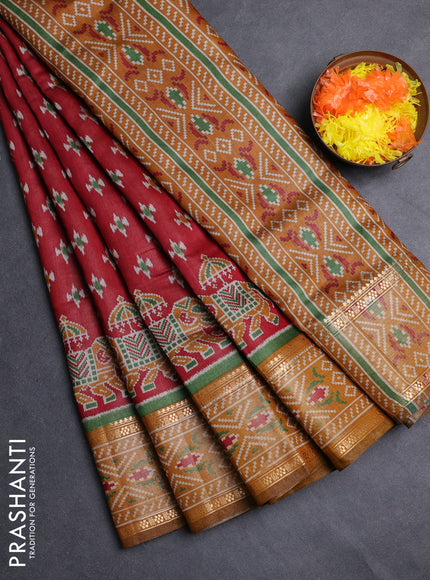 Semi maheshwari cotton saree maroon and mustard yellow with allover ikat prints and zari woven border