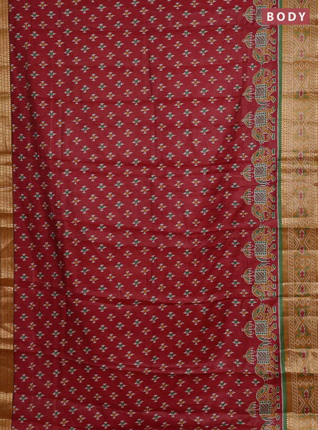 Semi maheshwari cotton saree maroon and mustard yellow with allover ikat prints and zari woven border
