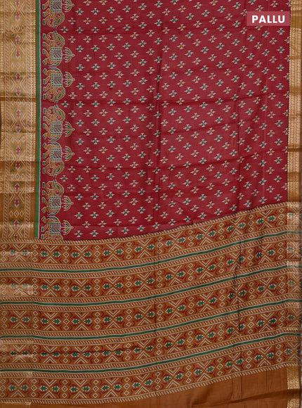 Semi maheshwari cotton saree maroon and mustard yellow with allover ikat prints and zari woven border