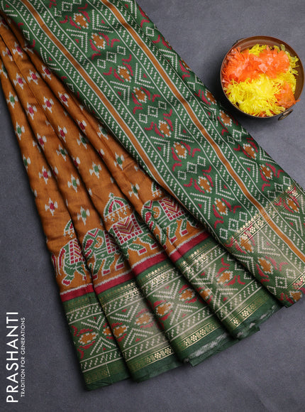 Semi maheshwari cotton saree mustard yellow and green with allover ikat prints and zari woven border