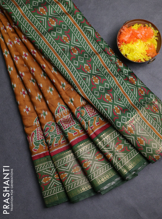 Semi maheshwari cotton saree mustard yellow and green with allover ikat prints and zari woven border