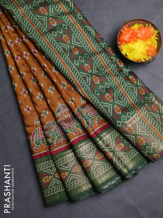 Semi maheshwari cotton saree mustard yellow and green with allover ikat prints and zari woven border