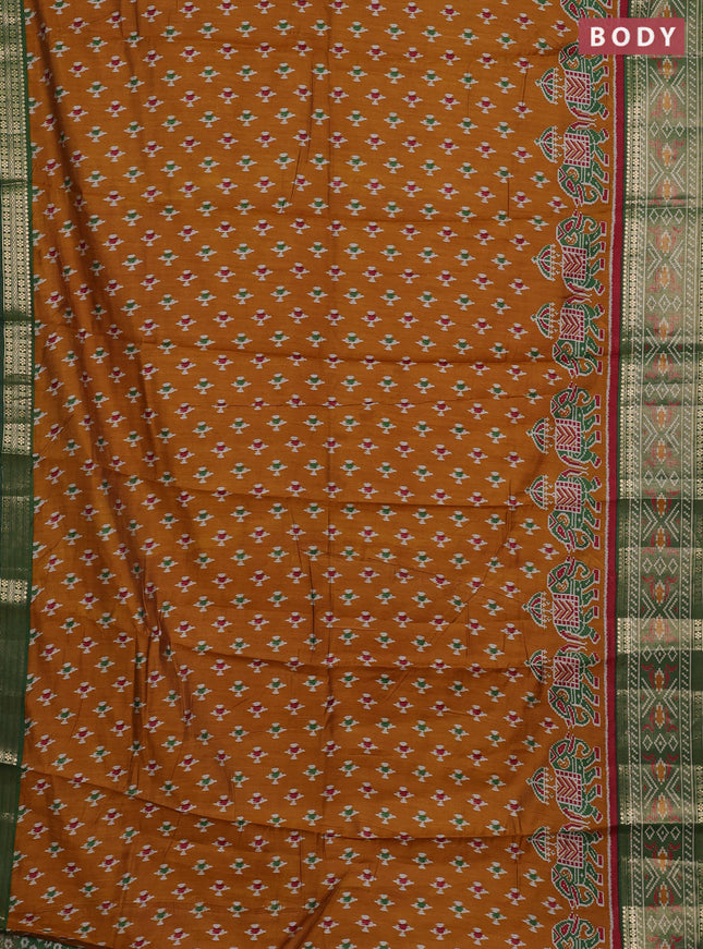 Semi maheshwari cotton saree mustard yellow and green with allover ikat prints and zari woven border