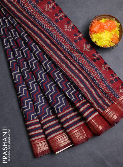 Semi maheshwari cotton saree navy blue and maroon with allover zigzag prints and zari woven border