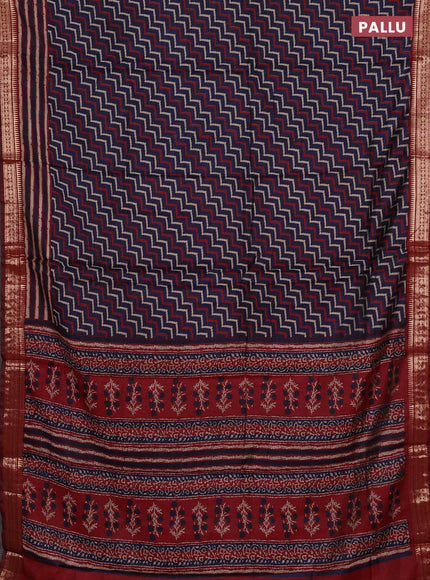 Semi maheshwari cotton saree navy blue and maroon with allover zigzag prints and zari woven border