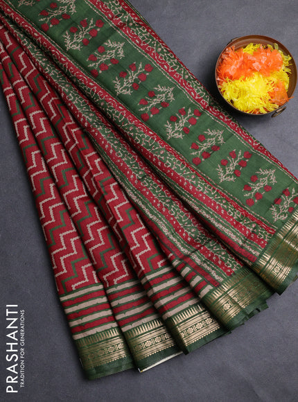 Semi maheshwari cotton saree maroon and green with allover zigzag prints and zari woven border