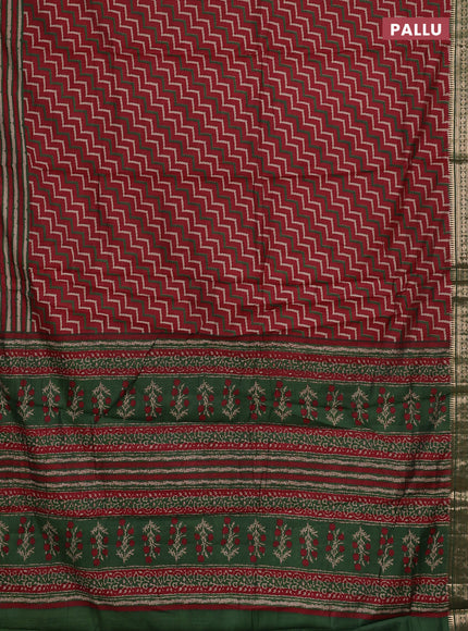 Semi maheshwari cotton saree maroon and green with allover zigzag prints and zari woven border