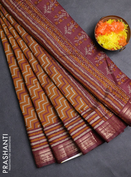 Semi maheshwari cotton saree mustard yellow and maroon with allover zigzag prints and zari woven border