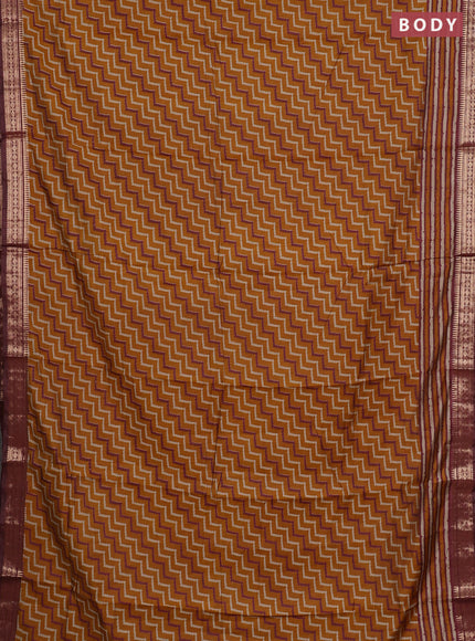 Semi maheshwari cotton saree mustard yellow and maroon with allover zigzag prints and zari woven border