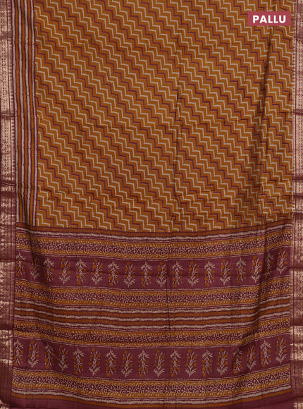 Semi maheshwari cotton saree mustard yellow and maroon with allover zigzag prints and zari woven border