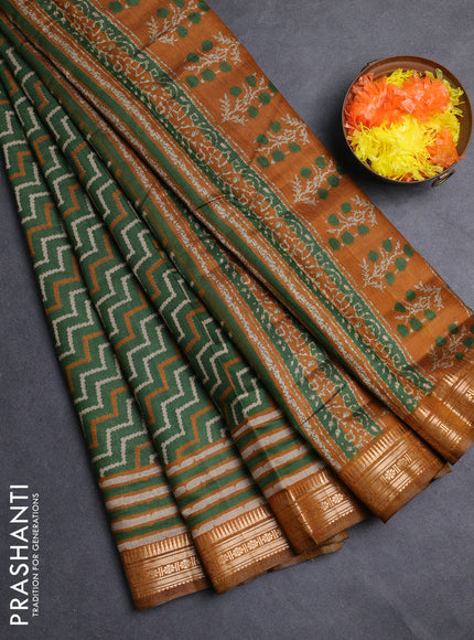 Semi maheshwari cotton saree green and mustard yellow with allover zigzag prints and zari woven border
