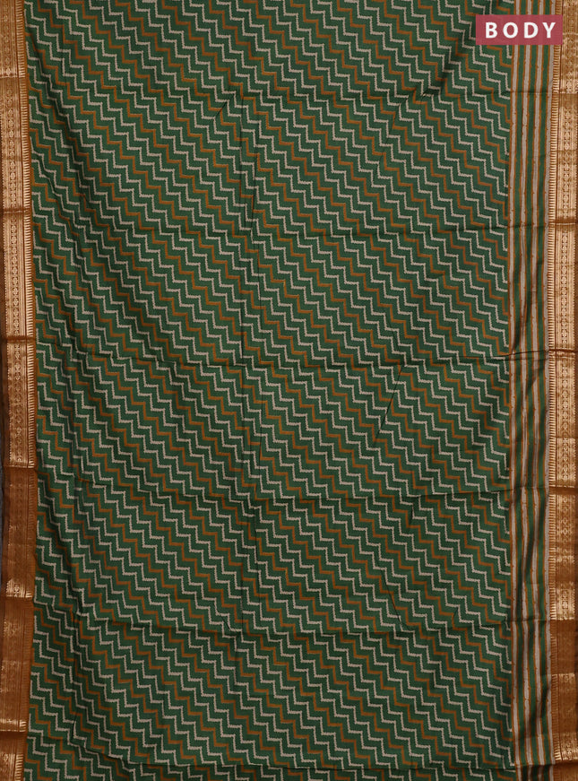 Semi maheshwari cotton saree green and mustard yellow with allover zigzag prints and zari woven border