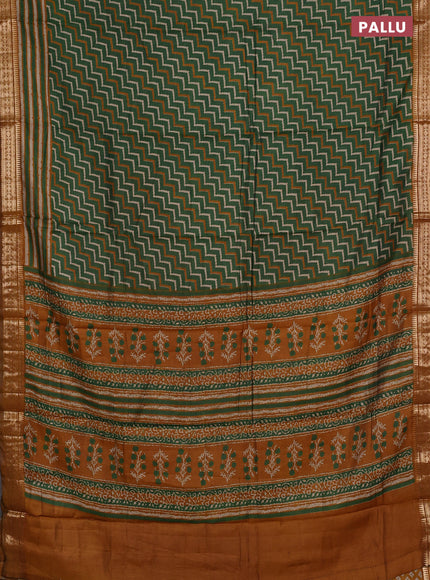 Semi maheshwari cotton saree green and mustard yellow with allover zigzag prints and zari woven border