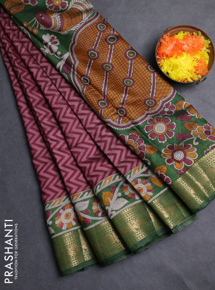 Semi maheshwari cotton saree wine shade and green with allover zigzag prints and zari woven border