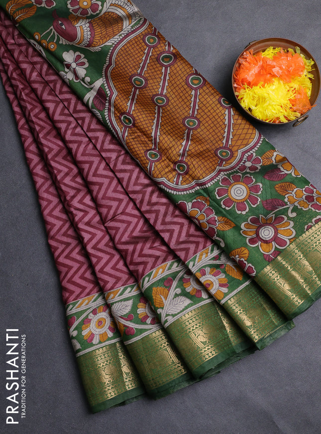 Semi maheshwari cotton saree wine shade and green with allover zigzag prints and zari woven border