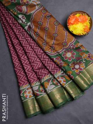 Semi maheshwari cotton saree wine shade and green with allover zigzag prints and zari woven border